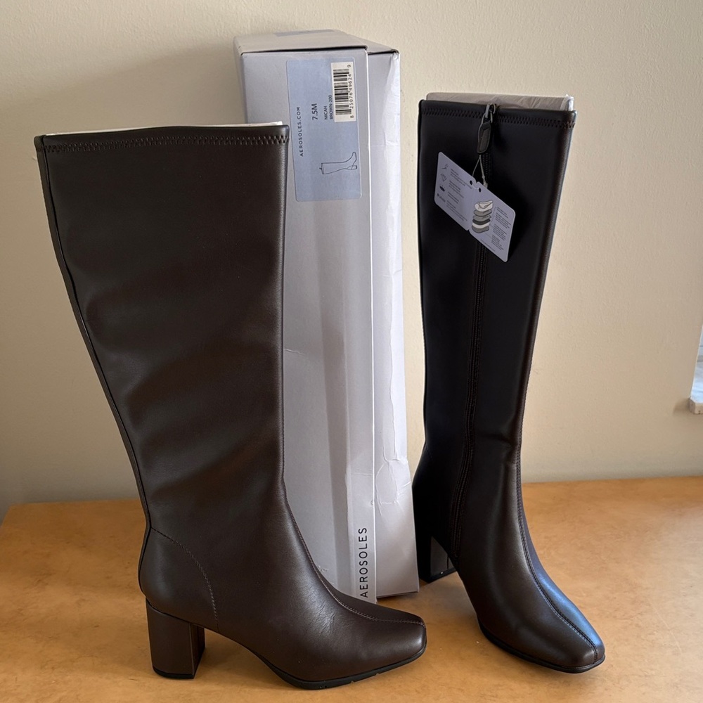 AEROSOLES Dark Brown Over-the-Knee Block Heel Boots - Picture 2 of 8